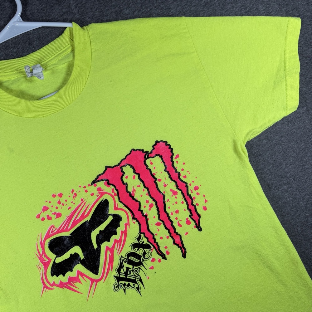 Y2K Fox Racing x Monster Energy T-Shirt Mens Large Neon Yellow Motocross